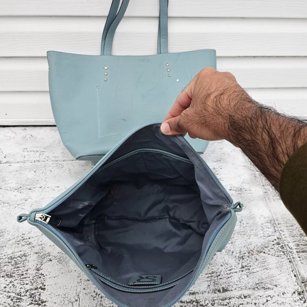 SR2 Women Hand Bag Lught Turquoise Patent Leather Tote Bag 2 in 1 Shoulder Bag - Picture 11 of 14